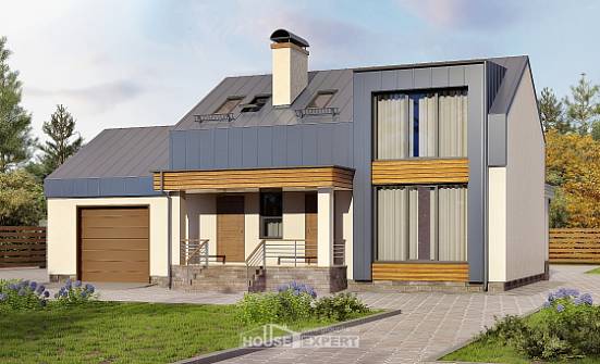 150-015-П Проект двухэтажного дома мансардный этаж и гаражом, компактный коттедж из блока Лиски | Проекты домов от House Expert
