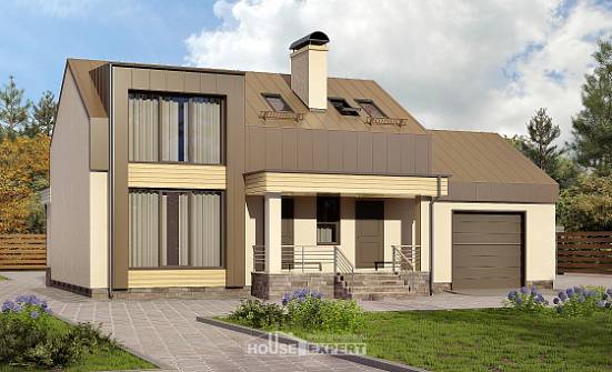 150-015-Л Проект двухэтажного дома мансардой, гараж, уютный коттедж из керамзитобетонных блоков Лиски | Проекты домов от House Expert
